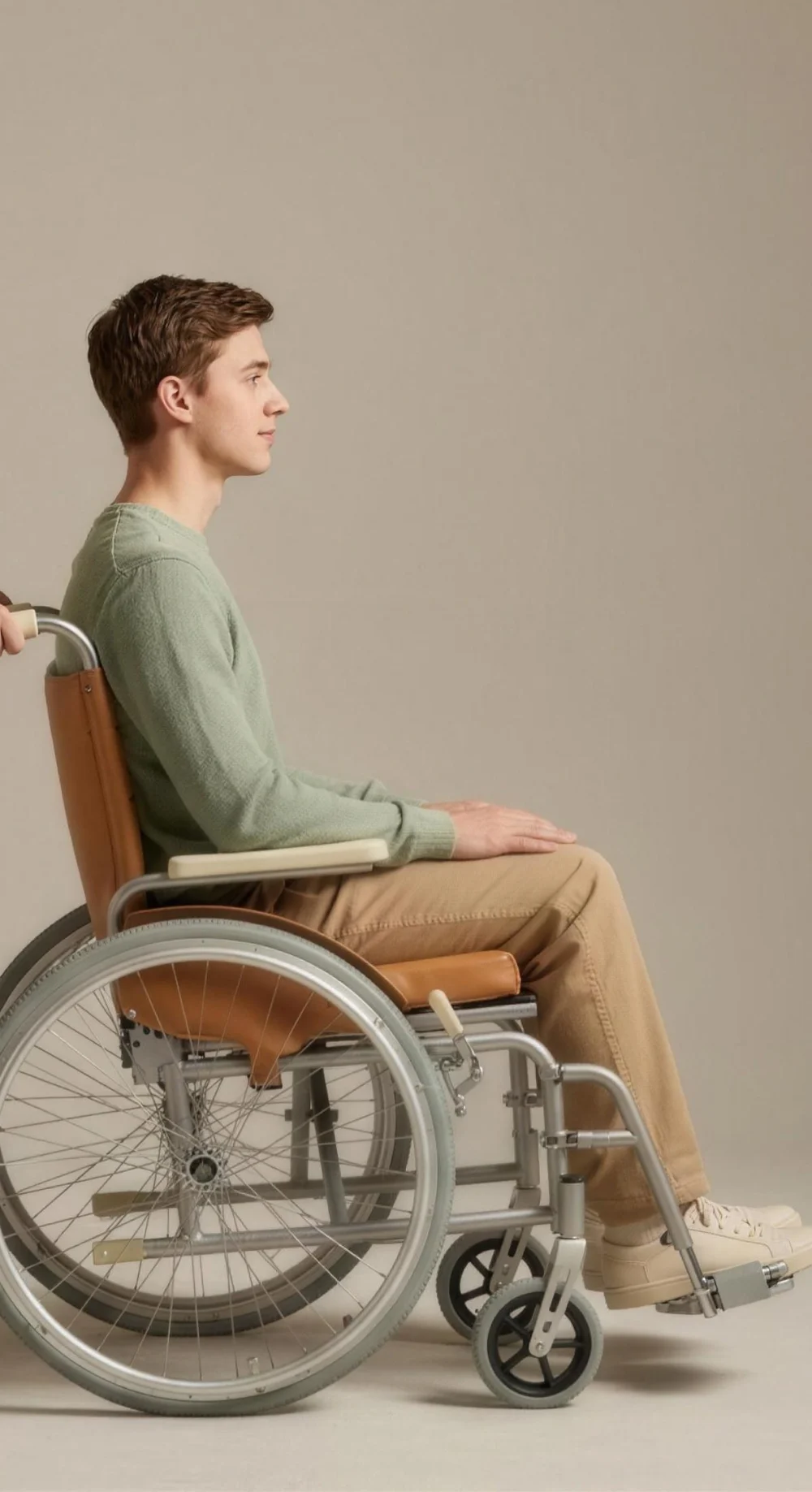 A young man seated in a wheelchair, looking ahead